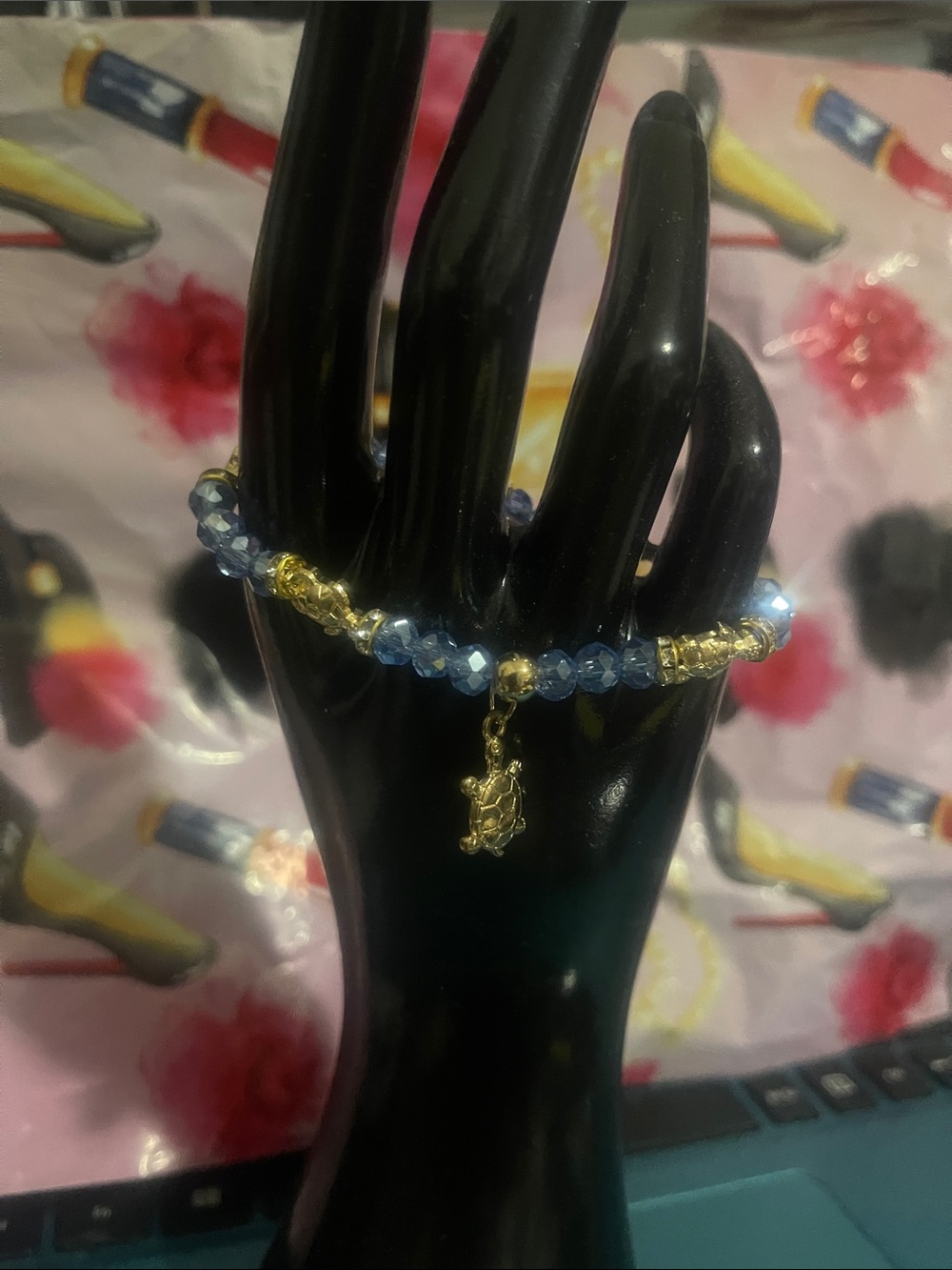 Blue Crystal Bead Bracelet with Gold Charm - Women Jewelry NWOT